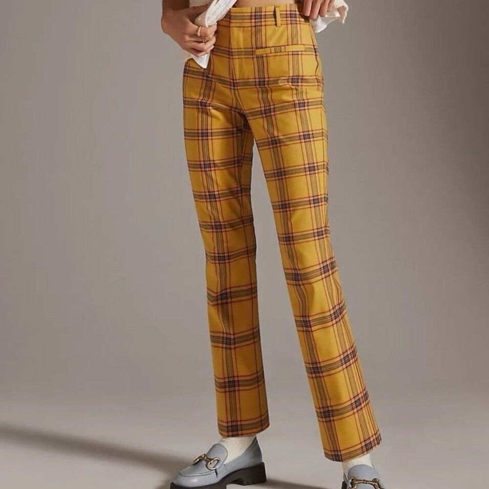 Anthropologie Maeve The Essential Slim Yellow Plaid Kick Flare Pants size 2